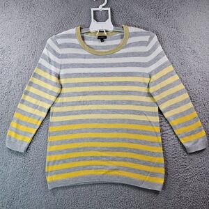 Talbots Sweater Women Small Crew Neck Gray Ceam‎ Yellow Striped - S